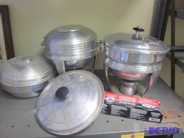 Pair of hammered aluminum chaffing dishes wit...