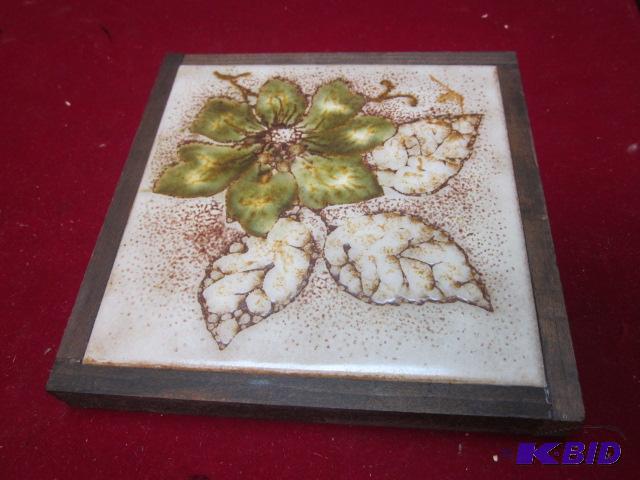 Hand painted ceramic tile trivet, makers mark...