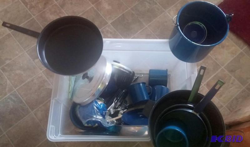 Large lot of camping enamel dishes with fry p...