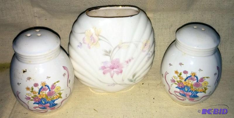 China salt and pepper plus small vase...