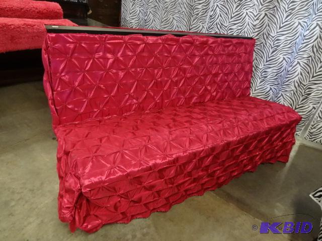 lot 14 image: Wood Outdoor Bench Covered with Fabric. Very ...
