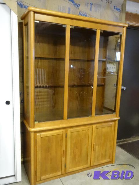 lot 2 image: Wood 2 Piece China Hutch. Upper Glass Doors a...