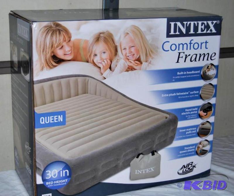 lot 53 image: Intex Queen Comfort Frame Bed, built in headb...