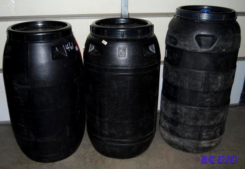 lot 57 image: Lot of 3 HD Plastic Barrels with Lids, (2) 58...