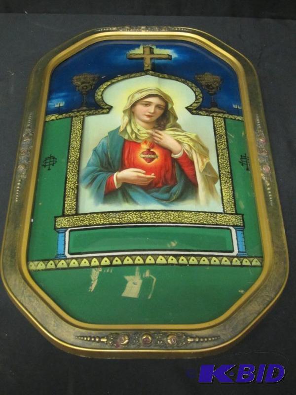 Vintage Reverse Painted Madona In Bubble Glass Frame