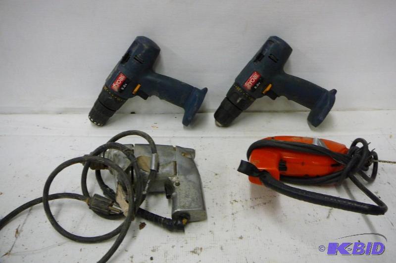 2 Ryodl 9.6 volt drills no batteries, 1 doubl...