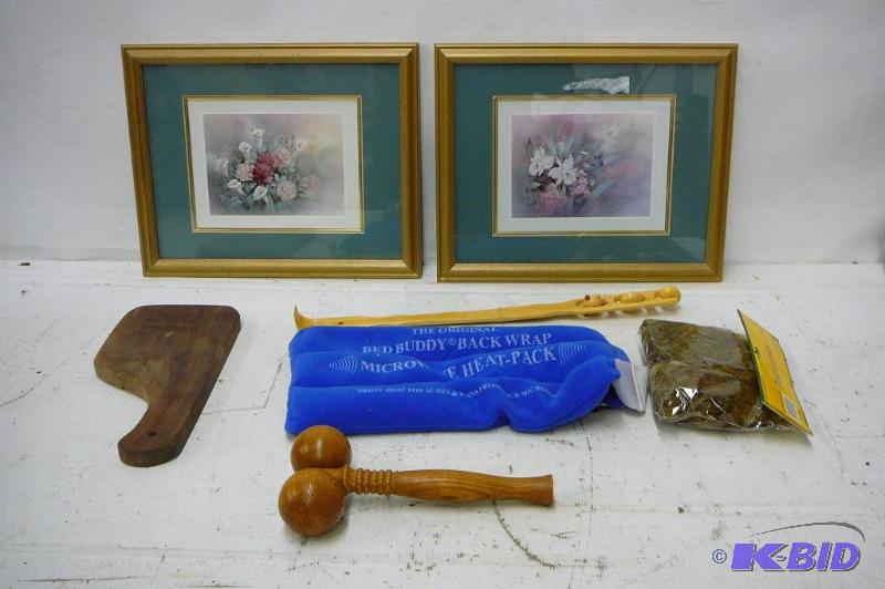 2 flower pictures, cheese cutting block and m...
