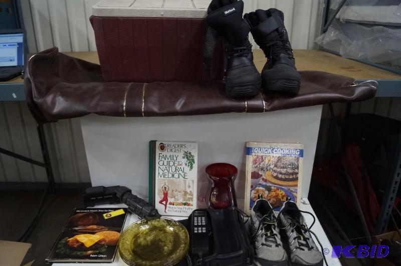 Bag phone, cook books, dishware, cooler, boots and more