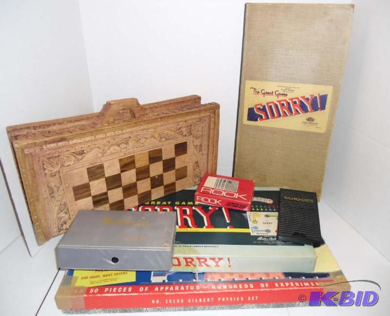 lot 20005 image: Vintage Lot Games 1960s Gilberts Physics Set  1950s Sorry Game Dominoes ChessCheckerCribbage