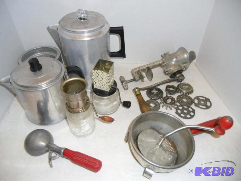 lot 20006 image: Lot vintage Kitchen - aluminum Coffee Pots & Red Handled Tools & Grinder