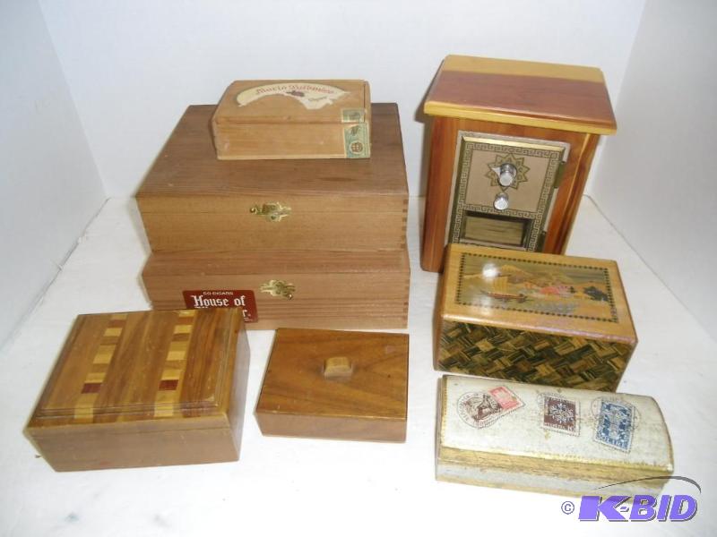 lot 20008 image: BOXES 8 Assorted Wood Boxes - Vintage Japanese Secret Puzzle Box - Cigar, Trinket & Bank