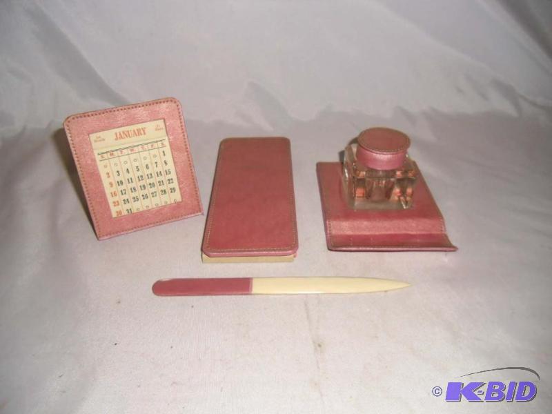 lot 20014 image: Vintage Pink Leather Desk Set Ink Well  Blotter  Letter Opener  Calendar