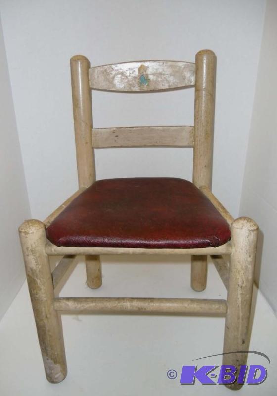 lot 20017 image: Childs Size Wood Chair with Leather Seat - Vintage Homemade Chair Co. N.C.
