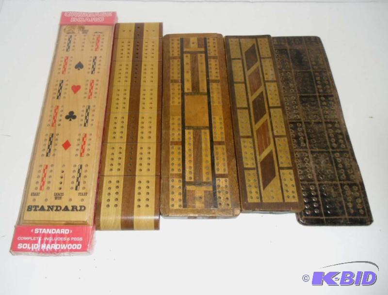 lot 20028 image: Lot of 5 Cribbage Boards - Anitque 1906 Leather to Modern Inlaid Wood
