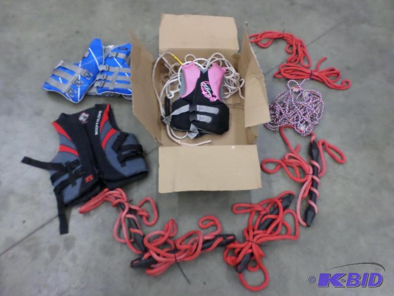 Lot Of Boating Ropes &amp (3) Life Vests...