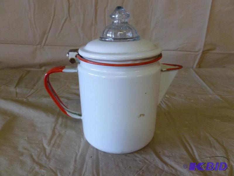 lot 123 image: Vintage red and white enamelware tea pot that...