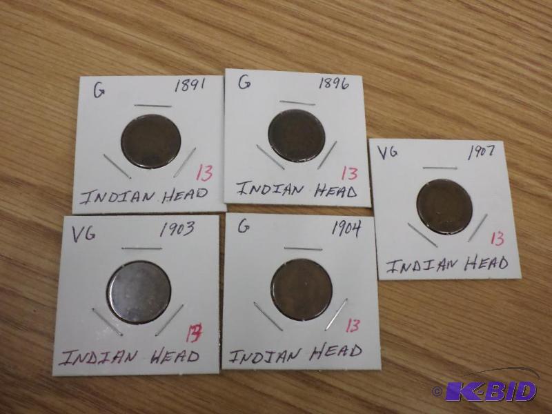 5) Indian Head Cents, 1891, 1896, 1903, 1904,...