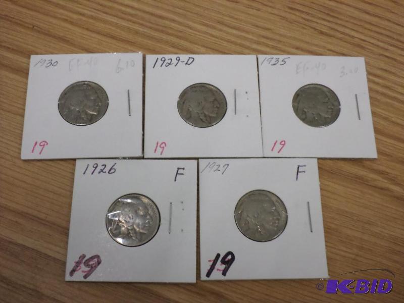 5) Buffalo Nickels, 1926, 1927, 1929-D, 1930,...