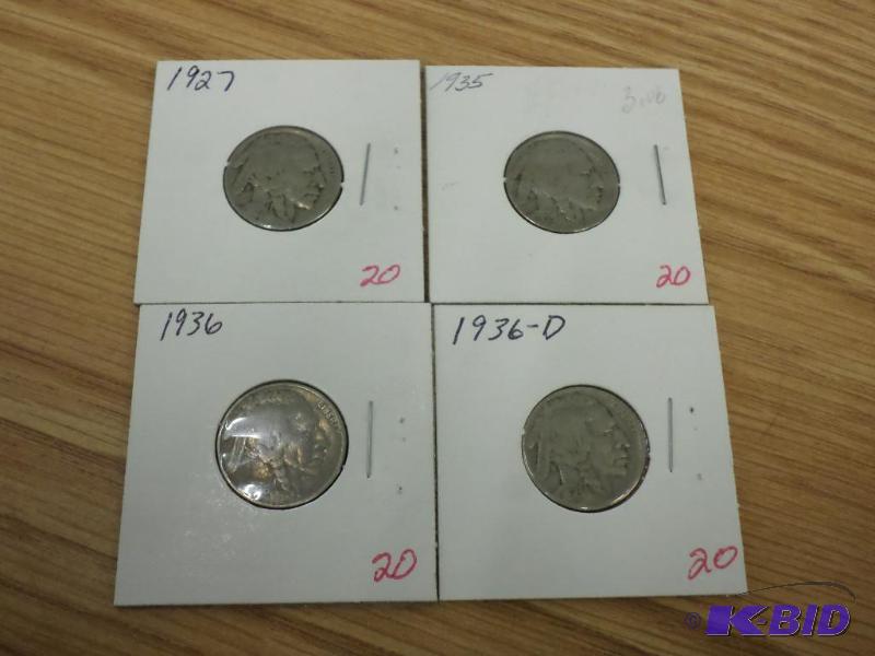 4) Buffalo Nickels, 1927, 1935, 1936, 1936-D...