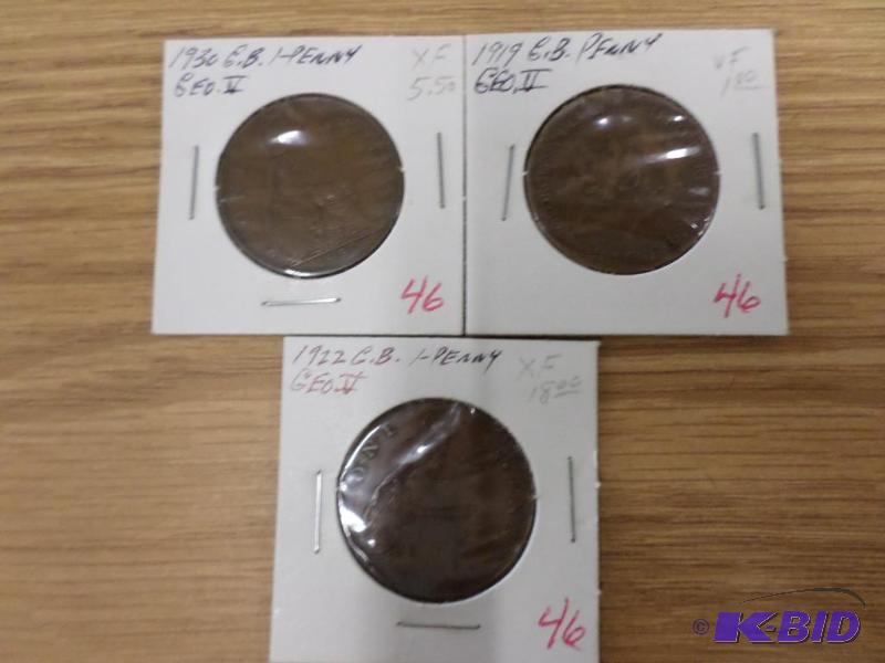 3) Great Britian pennys, 1919, 1922, 1930...