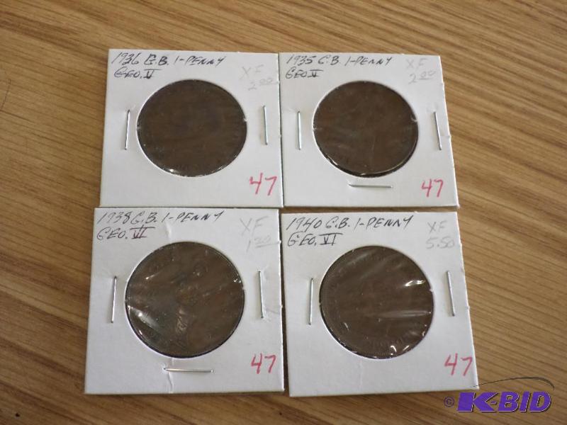 4) Great Britian pennys, 1935, 1936, 1938, 19...