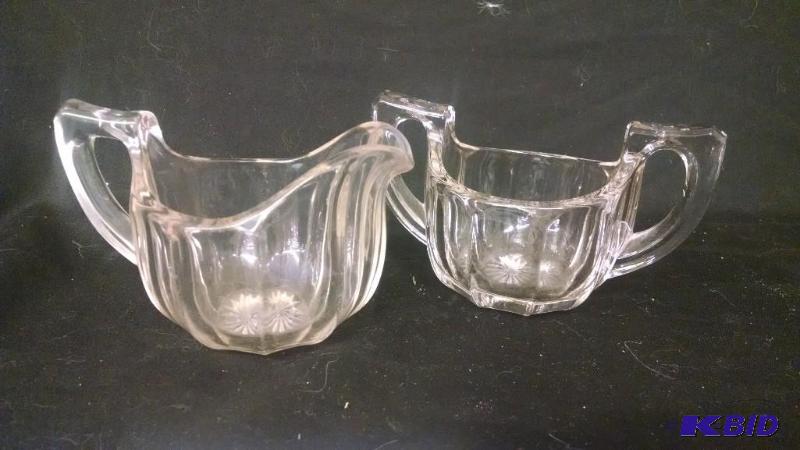 Sugar and creamer set heavy glass. 3&quot...
