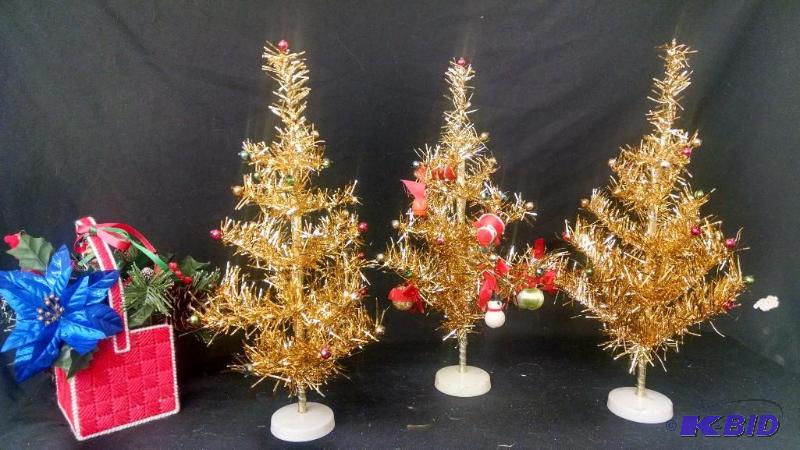 Tinsel Christmas trees lot of 3 gold- 15&quo...