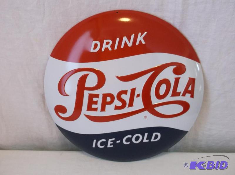 lot 15 image: Embossed PEPSI COLA button sign 14" dia....