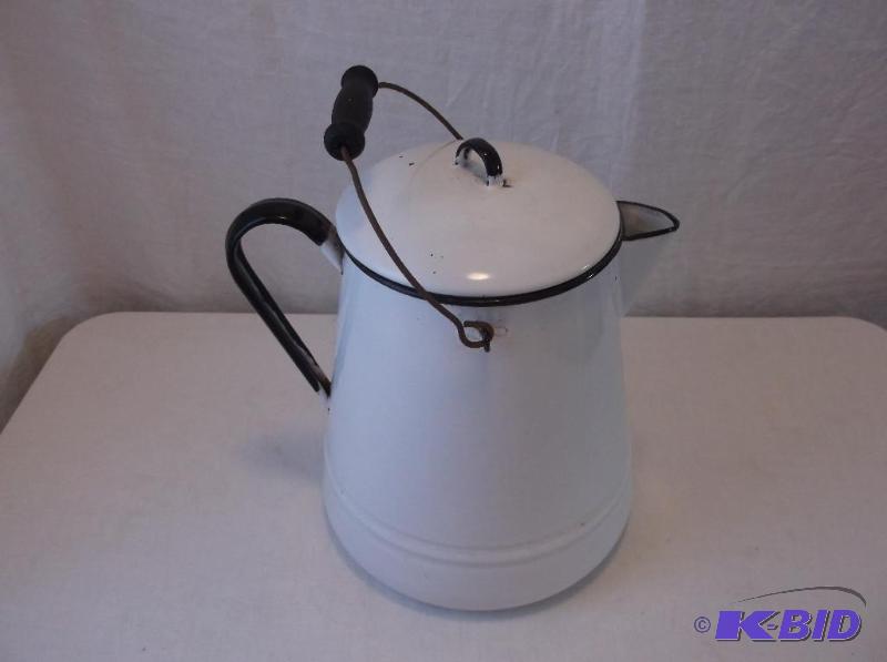 lot 9 image: Large porcelain enamel coffee pot 15" T ...