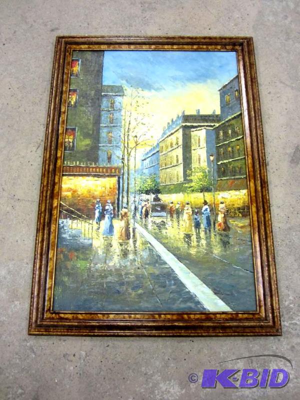 Framed European Street Scene Painting