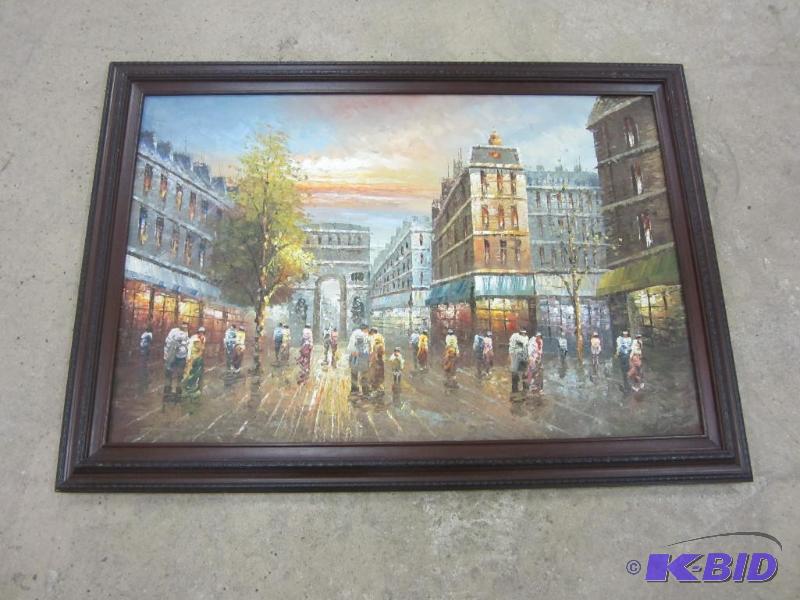 Framed European Street Scene Painting