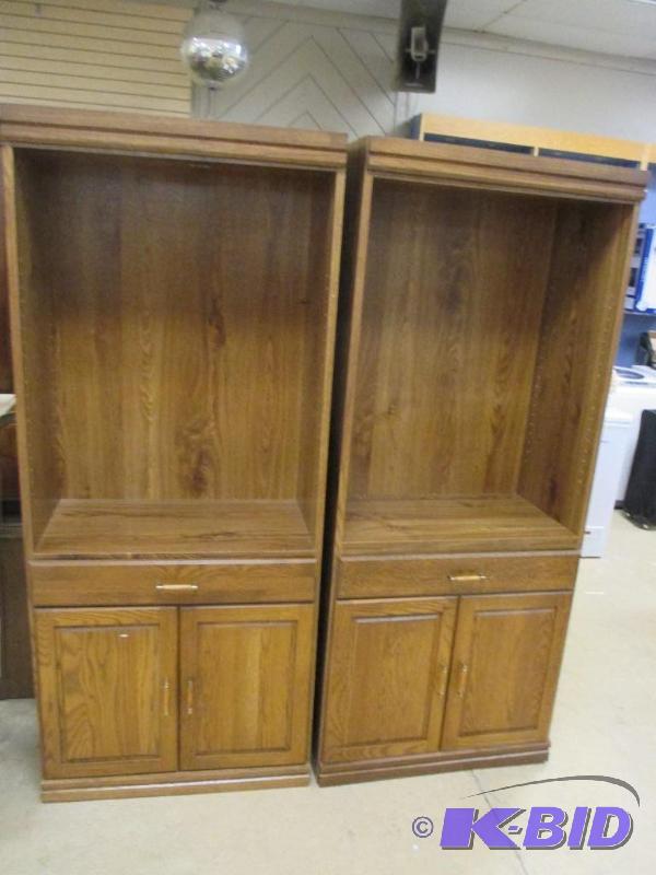 Two Wood Bookcases With Drawer & Storage