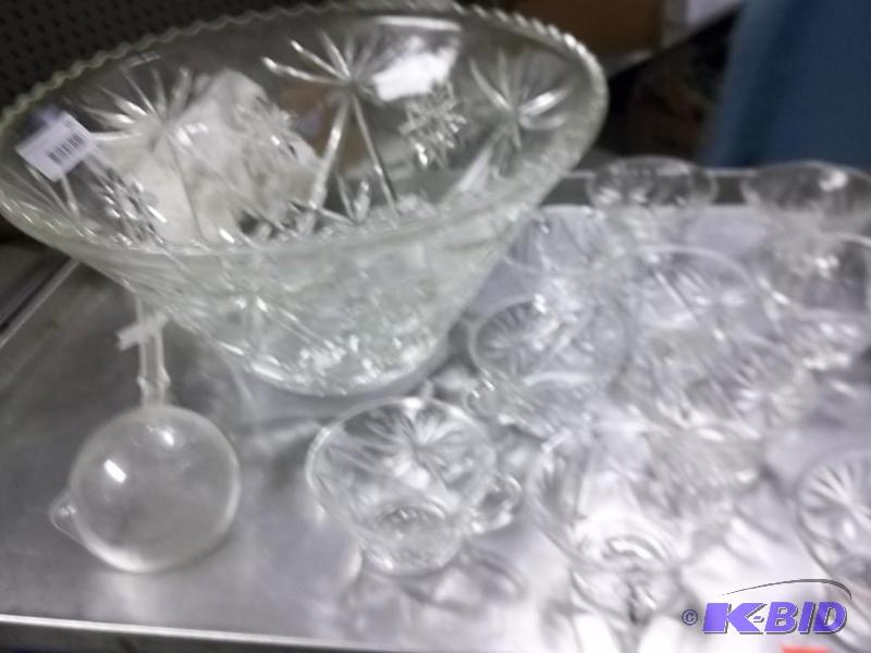 glass punch bowl with 12 cups and laddle