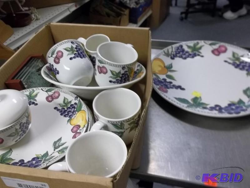 set of fruit design dishes plates-cups-sugar-creamer-platter