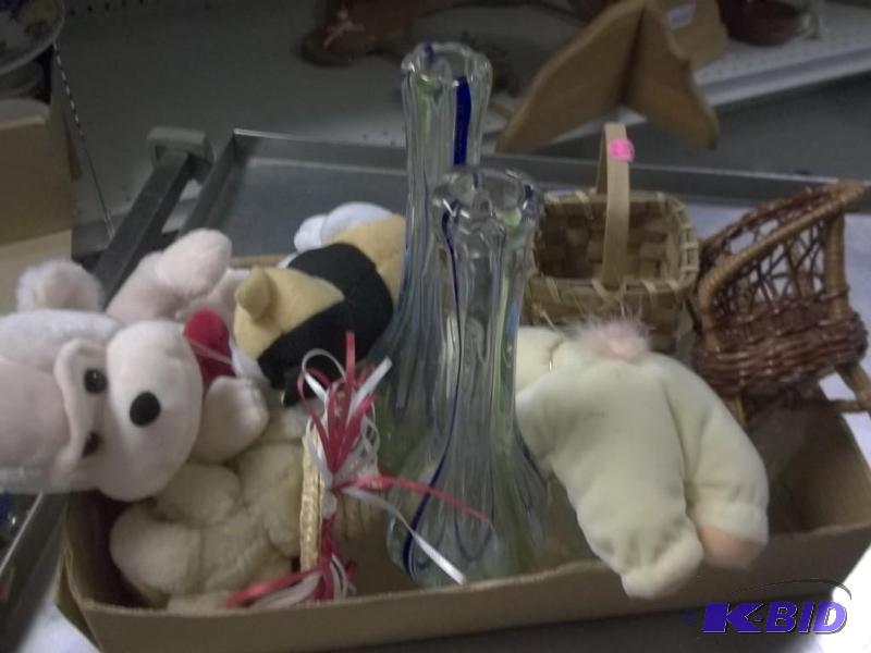lot of misc stuffed animals ,glasses,vases,dollin chair