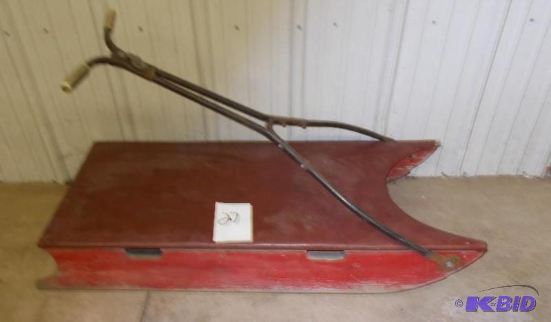 lot 27 image: Home Made Tow Behind Sled With Padded Bench S...