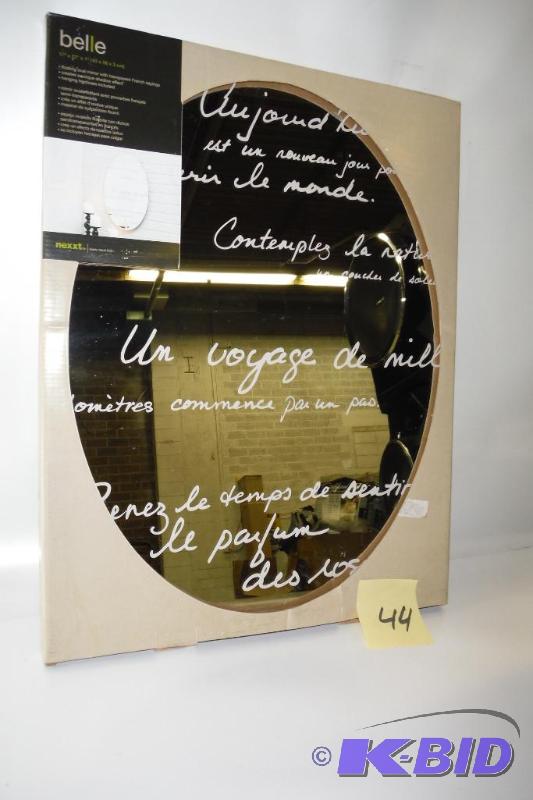 lot 44 image: Belle Oval Mirror with French Text, 17 by 22 by 0.75-Inch