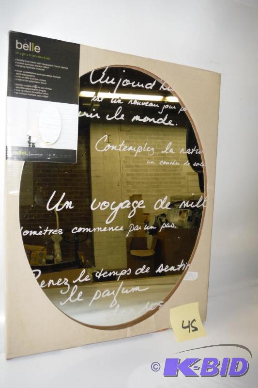 lot 45 image: Belle Oval Mirror with French Text, 17 by 22 by 0.75-Inch