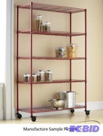 lot 131 image: Wide Five Shelf Metal Rolling Rack - Red - Wi...