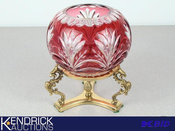 Large Vintage Red Bohemian Crystal Globe Dish on Brass Stand