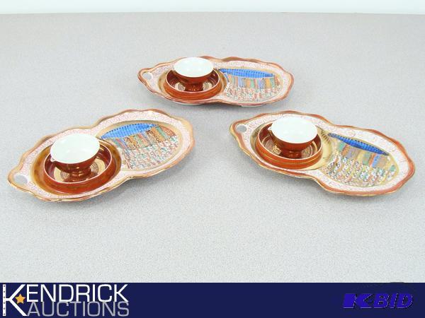 Set of 3 Hand Painted Japanese Sake Cups, and Plates