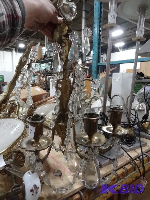 lot 129 image: Vintage Brass Wall Light with Hanging Crystal...