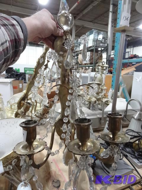 lot 132 image: Vintage Brass Wall Light with Hanging Crystal...