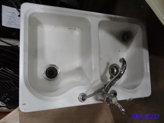 lot 166 image: Cast Iron Double Kitchen Sink 32 X 22...