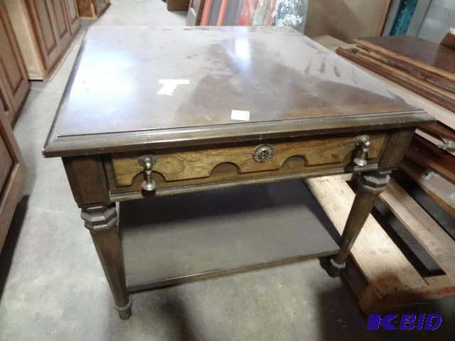 lot 44 image: Vintage Wood End Table 26 X 26 X 21 One Drawe...