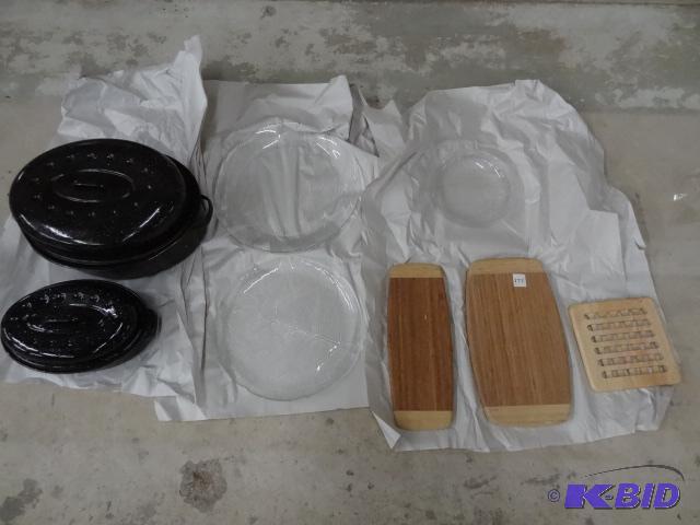Wood Cutting Boards. 3 Glass Platters, 2 Roas...