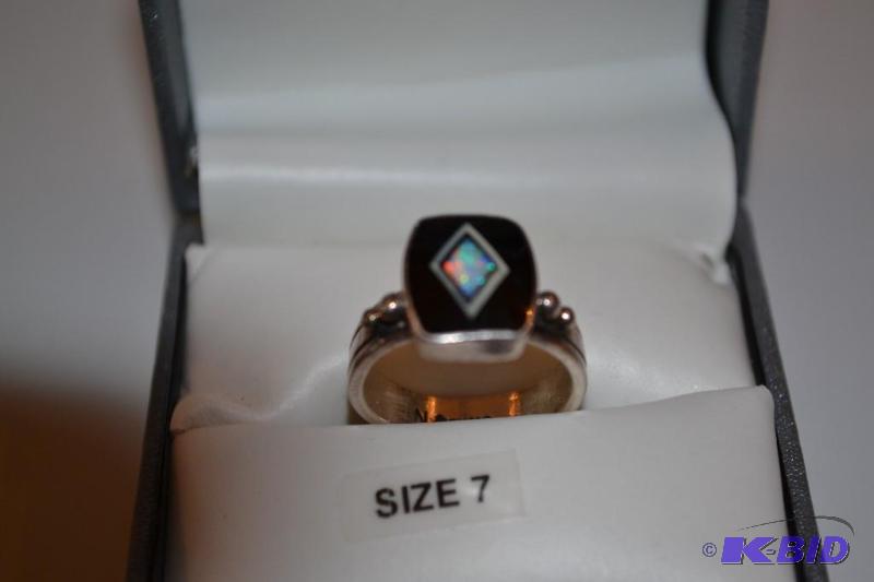 lot 12 image: Gorgeous,Silver,Onyx ring with an Opal Center...
