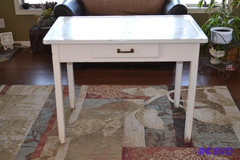 lot 64 image: Vintage 1940s-era Enamel Metal Top Kitchen D...
