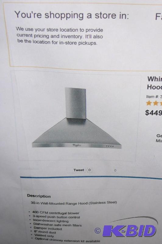 lot 81 image: Whirlpool 30" wall mount range hood 400 ...