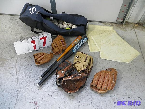 lot 17 image: Lot of Baseball equipment- gloves, bats, ball...